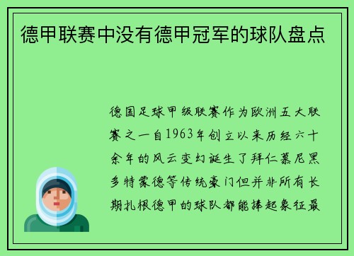 德甲联赛中没有德甲冠军的球队盘点